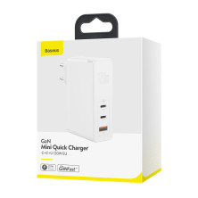 Сетевое зарядное устройство Baseus GaN Mini Quick Charger QC4.0+PD3.0 120W USB+2Type-C 5A + кабель Baseus Type-C to Type-C 100W 20V/5A 1м Белый