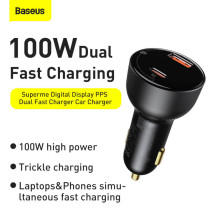 Автомобільний зарядний пристрій Baseus Superme Digital Display QC 4.0+PD3.0 PPS 100W USB + Type-C 5A + Кабель Type-C to Type-C 100W 20V/5A 1м Чорний