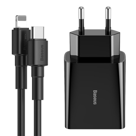 Сетевое зарядное устройство Baseus Quick Charger Mini PD3.0 18W Type-C 3A + Кабель 18W Type-C to Lightning 1м Черный