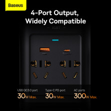 Автомобильный инвертор Baseus IGBT Power Inverter 300W (220V CN/EU) 2Розетки+USB+Type-C 5A с технологией QC3.0+PD3.0 Черный
