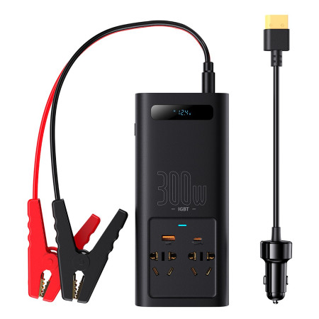 Автомобильный инвертор Baseus IGBT Power Inverter 300W (220V CN/EU) 2Розетки+USB+Type-C 5A с технологией QC3.0+PD3.0 Черный