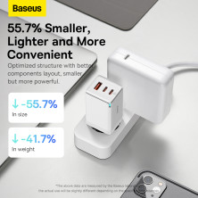 Сетевое зарядное устройство Baseus GaN5 Pro Fast Charger QC4.0+PD3.0 65W USB+2Type-C 3A + кабель Baseus Type-C to Type-C 100W 20V/5A 1м Белый