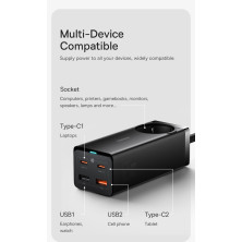 Сетевое зарядное устройство Baseus GaN3 Pro PowerStrip Fast Charger QC4.0+PD3.0 65W AC+2USB+2Type-C 3A + кабель Baseus Type-C to Type-C 100W 20V/5A 1м Черный