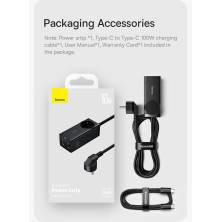 Сетевое зарядное устройство Baseus GaN3 Pro PowerStrip Fast Charger QC4.0+PD3.0 65W AC+2USB+2Type-C 3A + кабель Baseus Type-C to Type-C 100W 20V/5A 1м Черный