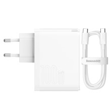 Мережевий зарядний пристрій Baseus GaN5 Pro Fast Charger QC4.0+PD3.0 100W USB+Type-C 5A + кабель Baseus Type-C to Type-C 100W 20V/5A 1м Білий