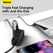 Сетевое зарядное устройство Baseus GaN5 Pro Fast Charger QC4.0+PD3.0 65W USB+2Type-C 3A + кабель Baseus Type-C to Type-C 100W 20V/5A 1м Черный