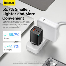 Сетевое зарядное устройство Baseus GaN5 Pro Fast Charger QC4.0+PD3.0 65W USB+2Type-C 3A + кабель Baseus Type-C to Type-C 100W 20V/5A 1м Черный
