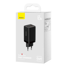 Сетевое зарядное устройство Baseus GaN5 Pro Fast Charger QC4.0+PD3.0 65W USB+2Type-C 3A + кабель Baseus Type-C to Type-C 100W 20V/5A 1м Черный