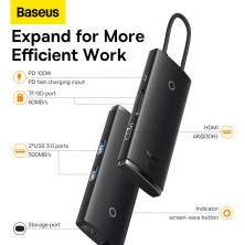 USB-хаб Baseus 6in1 Lite Series 6-Port Type-C HUB Adapter Type-C to USB3.0*2, Type-C(PD)*1, 4KHDMI, TF, SD  Черный
