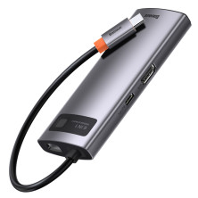 USB-хаб Baseus 6in1 Metal Gleam 6-Port Type-C HUB Adapter Type-C to USB3.0*3, Type-C(PD)*1, 4KHDMI, RJ45 Сірий