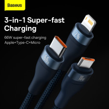 Кабель Baseus Flash Series 2 3-in-1 Fast Charging Data Cable USB to Lightning+Type-C+MicroUSB 66W 1.2m Синий