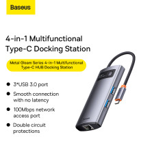 USB-хаб Baseus 4in1 Metal Gleam 4-Port Type-C HUB Adapter Type-C to USB3.0*3, RJ45 Сірий