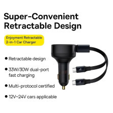 Автомобильное зарядное устройство Baseus Enjoyment Retractable 33W c встроенным кабелем 2-in-1 2Type-C 0.75м Черный