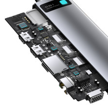 USB-хаб Baseus 11in1 Metal Gleam 11-Port Type-C HUB Adapter Type-C to USB3.0*3, Type-C(PD)*1, 4KHDMI*2, VGA, RJ45, AUX, TF, SD Серый