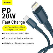 Кабель Baseus High Density Braided Fast Charging Data Cable Type-C to Lightning PD 20W 2m Синій