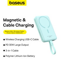 УМБ Baseus Magnetic Mini Wireless Fast Charge 10000mAh 30W 3A QC3.0+PD3.0 з функцією MagSafe та Qi 15W і Type-C 30W кабелем Блакитний