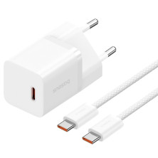 Мережевий зарядний пристрій Baseus GaN5 Mini Fast Charger 1C PD3.0 30W Type-C 3A + кабель Baseus Type-C to Type-C 100W 20V/5A 1м Білий