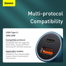 Автомобильное зарядное устройство Baseus Golden Contactor Pro Dual Quick Charger Car Charger 40W USB+Type-C + Кабель Type-C to Lightning 1м Голубой
