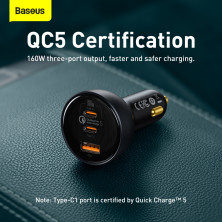 Автомобильное зарядное устройство Baseus Qualcomm QC 5 Technology Multi-Port Fast Charge Car Charger 160W USB+2Type-C + Кабель Type-C to Type-C 100W 1м Серый