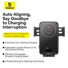 Беспроводное автомобильное зарядное устройство Baseus Wisdom Pro Auto Coil Alignment Air Outlet Version с технологией Qi 15W Черный