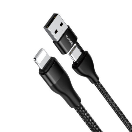 Кабель Baseus Dual Output Cafule 2-in-1 Fast Charging Data Cable USB + Type-C to Lightning 18W 1m Чорний