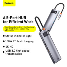 USB-хаб Baseus 5in1 Metal Gleam 5-Port Type-C HUB Adapter Type-C to USB3.0*3, Type-C*1, 4KHDMI Серый
