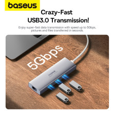 USB-хаб Baseus 4in1 PortalJoy 4-Port Type-A HUB Adapter Type-A to USB3.0*3, RJ45 Сірий
