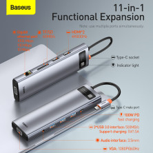 USB-хаб Baseus 11in1 Metal Gleam 11-Port Type-C HUB Adapter Type-C to USB3.0*3, Type-C(PD)*1, 4KHDMI*2, VGA, RJ45, AUX, TF, SD Серый