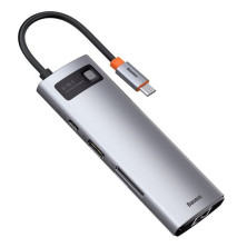 USB-хаб Baseus 8in1 Metal Gleam 8-Port Type-C HUB Adapter Type-C to USB3.0*3, Type-C(PD)*1, 4KHDMI, RJ45, TF, SD Сірий