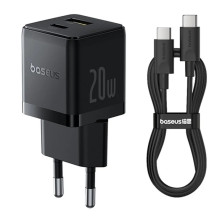 Мережевий зарядний пристрій Baseus Palm Fast Charger QC3.0+PD3.0 20W USB+Type-C 3A + Кабель Type-C to Type-C 60W 20V/3A 1м Чорний