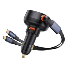 Автомобільний зарядний пристрій Baseus Enjoyment Pro Retractable 60W USB і з вбудованим кабелем 2-in-1 Type-C и Lightning  0.70м Чорний