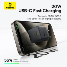 Сетевое зарядное устройство Baseus Palm Fast Charger 1C PD3.0 20W Type-C 3A + Кабель Type-C to Type-C 60W 20V/3A 1м Черный