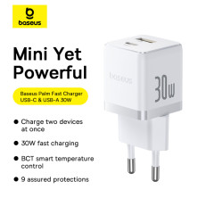 Сетевое зарядное устройство Baseus Palm Fast Charger QC3.0+PD3.0 30W USB+Type-C 3A + Кабель Type-C to Type-C 60W 20V/3A 1м Белый