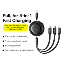 Кабель Baseus Bright Free2Draw Retractable Crystal 3-in-1 Fast Charging Data Cable USB to Lightning+Type-C+MicroUSB 3.5А 1.1m Чорний