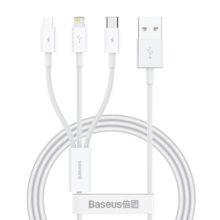 Кабель Baseus Superior Series 3-in-1 Fast Charging Data Cable USB to Lightning+Type-C+MicroUSB 3.5А 1m Білий