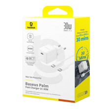 Сетевое зарядное устройство Baseus Palm Fast Charger 1C PD3.0 30W Type-C 3A  + Кабель Type-C to Type-C 60W 20V/3A 1м Белый