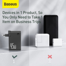 Сетевое зарядное устройство Baseus GaN 2in1 QC3.0+PD3.0 45W USB+Type-C 5A с функцией Павербанка 10000mAh + кабель Type-C 60W 20V/3A 1м Черный