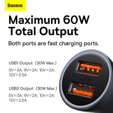 Автомобільний зарядний пристрій Baseus Golden Contactor Max Dual Fast Charger Car Charger 60W 2USB Сірий