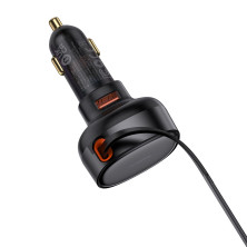 Автомобільний зарядний пристрій Baseus Enjoyment Pro Retractable 55W USB і з вбудованим кабелем Lightning 0.70м Чорний