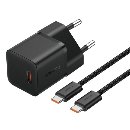 Мережевий зарядний пристрій Baseus GaN5 Mini Fast Charger 1C PD3.0 20W Type-C 3A + кабель Baseus Type-C to Type-C 100W 20V/5A 1м Чорний