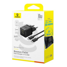 Сетевое зарядное устройство Baseus Palm Fast Charger QC3.0+PD3.0 30W USB+Type-C 3A + Кабель Type-C to Type-C 60W 20V/3A 1м Черний