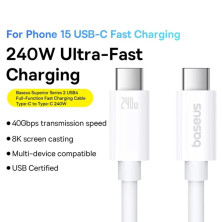 Кабель Baseus Superior 2 Series Fast Charging Data Cable Type-C to Type-C 240W 8K@60Hz 40Gbps 1.8m Белый