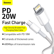Кабель Baseus High Density Braided Fast Charging Data Cable Type-C to Lightning PD 20W 1m Белый