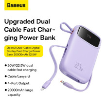 УМБ Baseus Qpow2 Dual-Cable 20000mAh 22.5W 2.4A з технологією QC3.0+PD3.0 та iP 20W+Type-C 22.5W кабелем Фіолетовий