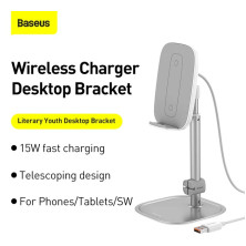 Бездротовий зарядний пристрій Baseus Literary Youth Desktop Bracket з технологією Qi 15W Сріблястий