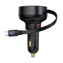Автомобільний зарядний пристрій Baseus Enjoyment Pro Retractable 60W USB і з вбудованим кабелем Type-C 0.70м Чорний