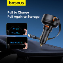 Автомобільний зарядний пристрій Baseus Enjoyment Pro Retractable 55W USB і з вбудованим кабелем Lightning 0.70м Чорний