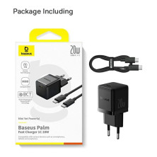Сетевое зарядное устройство Baseus Palm Fast Charger 1C PD3.0 20W Type-C 3A + Кабель Type-C to Type-C 60W 20V/3A 1м Черный