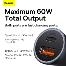 Автомобильное зарядное устройство Baseus Golden Contactor Max Dual Fast Charger Car Charger 60W USB+Type-C Серый