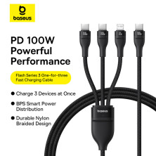 Кабель Baseus Flash Series 3 3-in-1 Fast Charging Data Cable  Type-C to Lightning+Type-C+Type-C 100W 1.5m Чорний